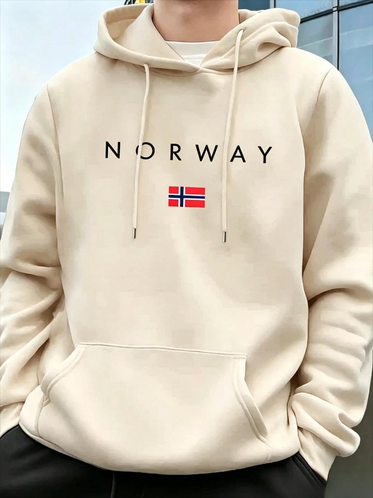 Men's Norwegian Flag Printed Hooded Sweatshirt Suitable for Wearing in Autumn Winter. A Warm Cozy Fleece Pullover for The Season