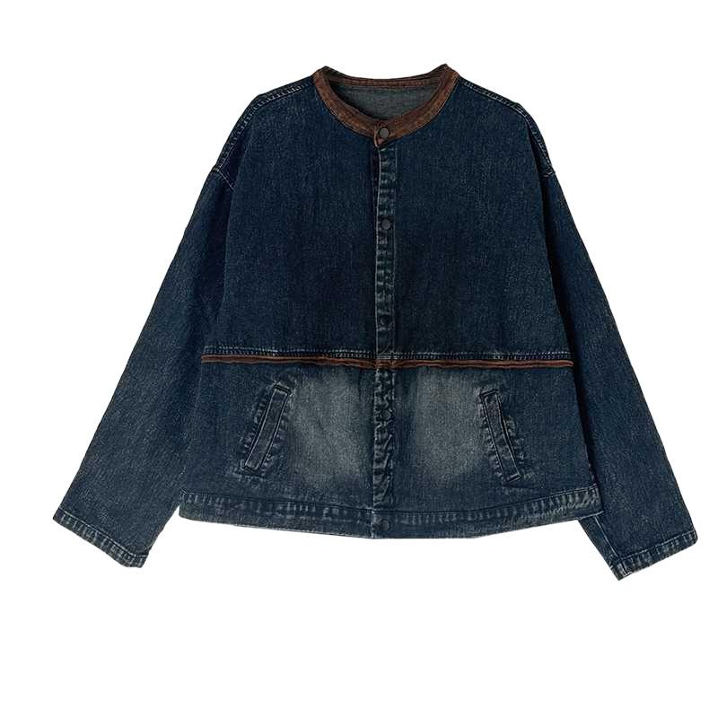 Retro Denim Short Jacket Stitching Knitted Round Neck Loose Fashion Plus Size Jacket Jacket Jacket