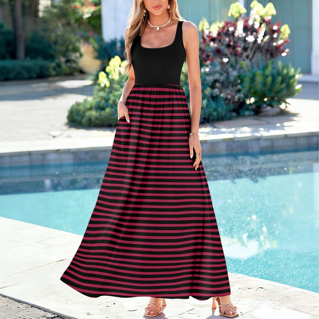Ladies' striped printed summer casual and fashionable sleeveless long dress