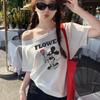White Slanted Shoulder Off-shoulder Short-sleeved T-shirt Women's Summer New American Cartoon Mickey Print Casual Loose Top