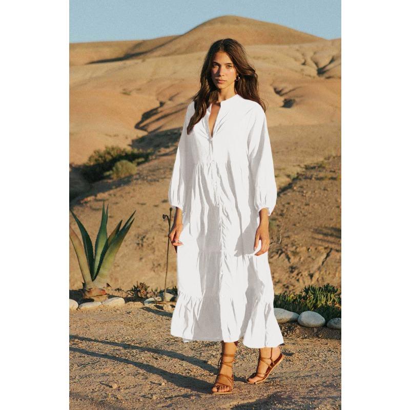 Women's Fashion Spring Fall Solid Color Print Long Sleeve V-Neck Loose Waistline Casual Dresses