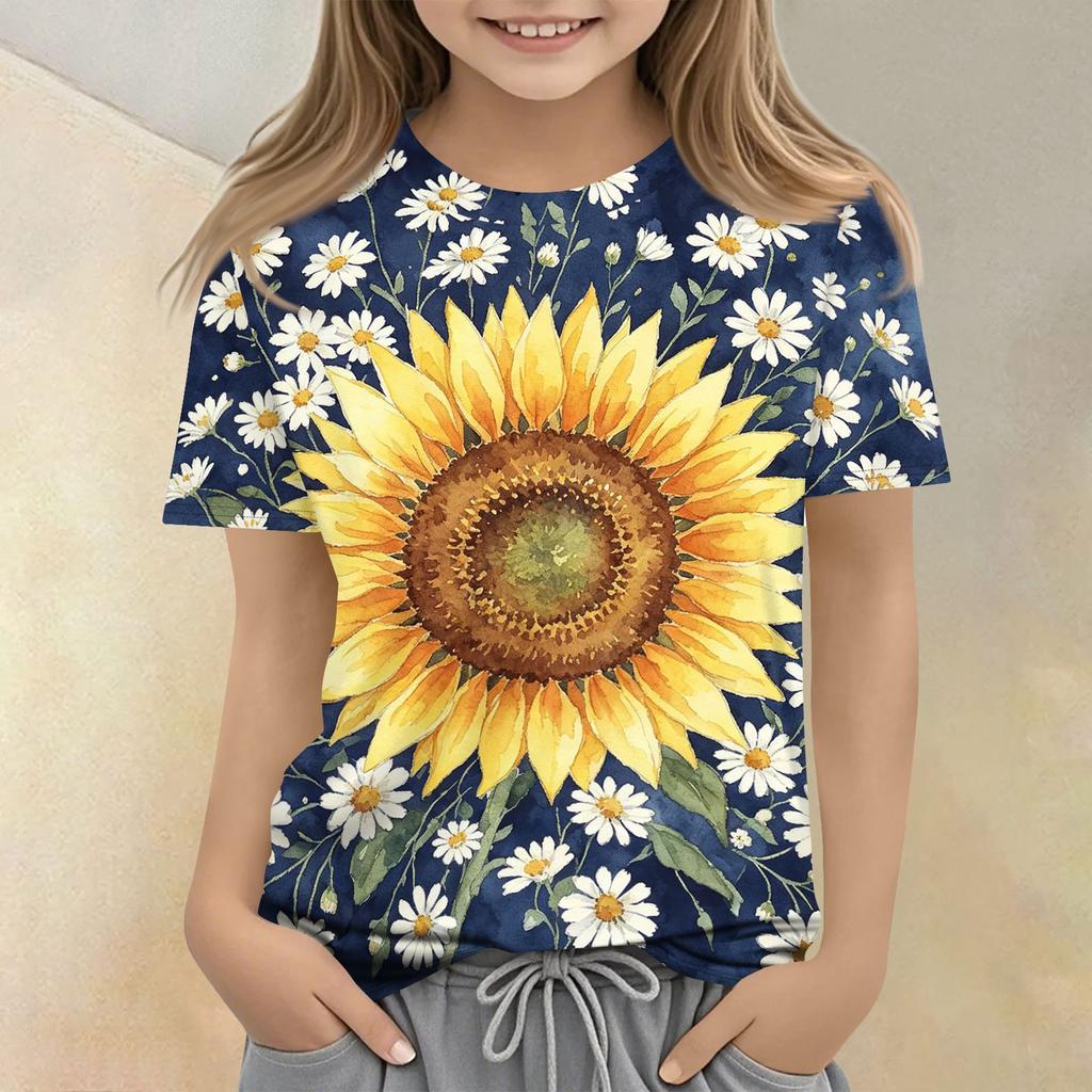 Kids Floral Print Crew Neck Short Sleeve Casual Loose Fit T Shirt Top Suitable for Daily Wear and Outdoor Activities