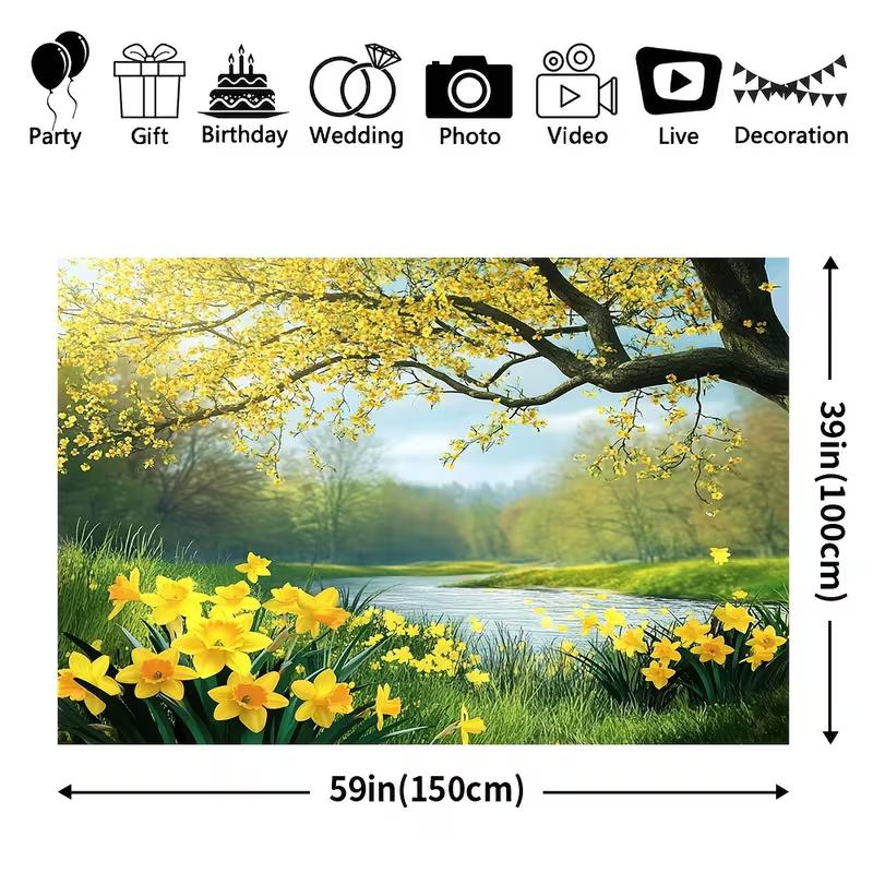 2D Printed Spring Forest & River Backdrop, Yellow Flower Scenery Photo Background for Photoshoot