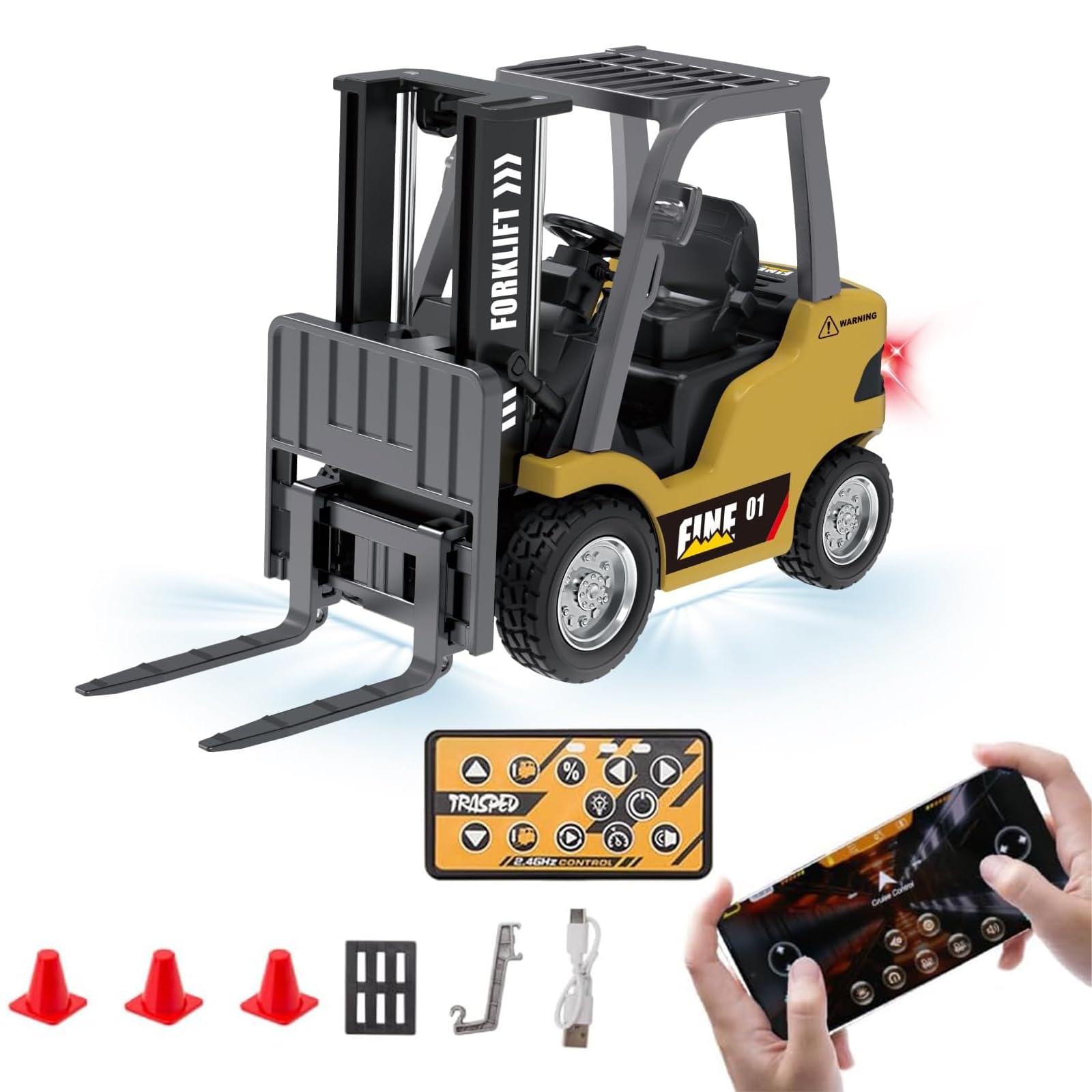 

164 Scale 2.4G 10KMh RC Forklift, Fully Proportional Mini RC Transport Vehicle (4127cm), Includes Controller, Cargo Hook, Forklift, and Pallet,