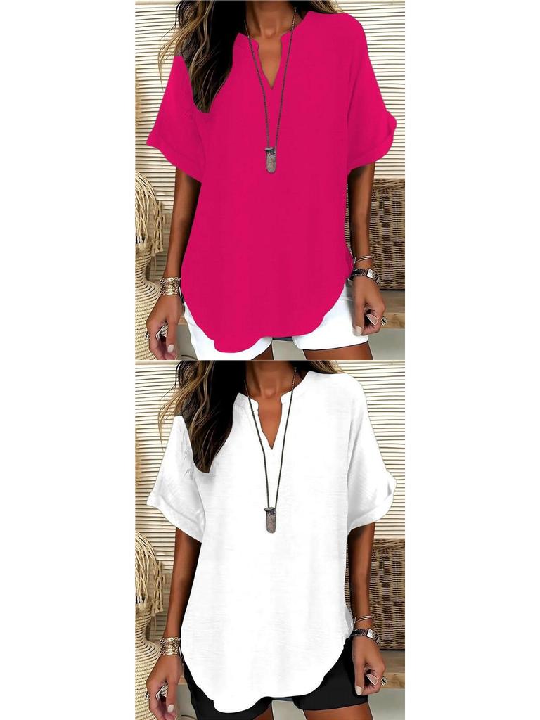 Women's Summer Loose Solid V-Neck Casual Shirt