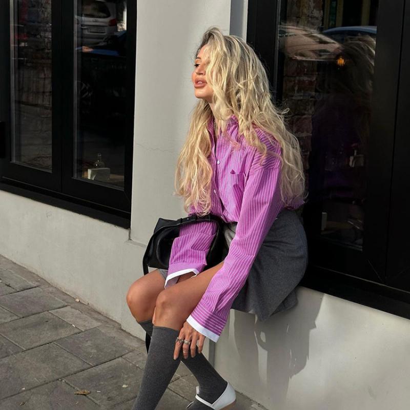 Spring 2026 New Women's Tops Simple Casual Color-Block Striped Long-Sleeve Shirt