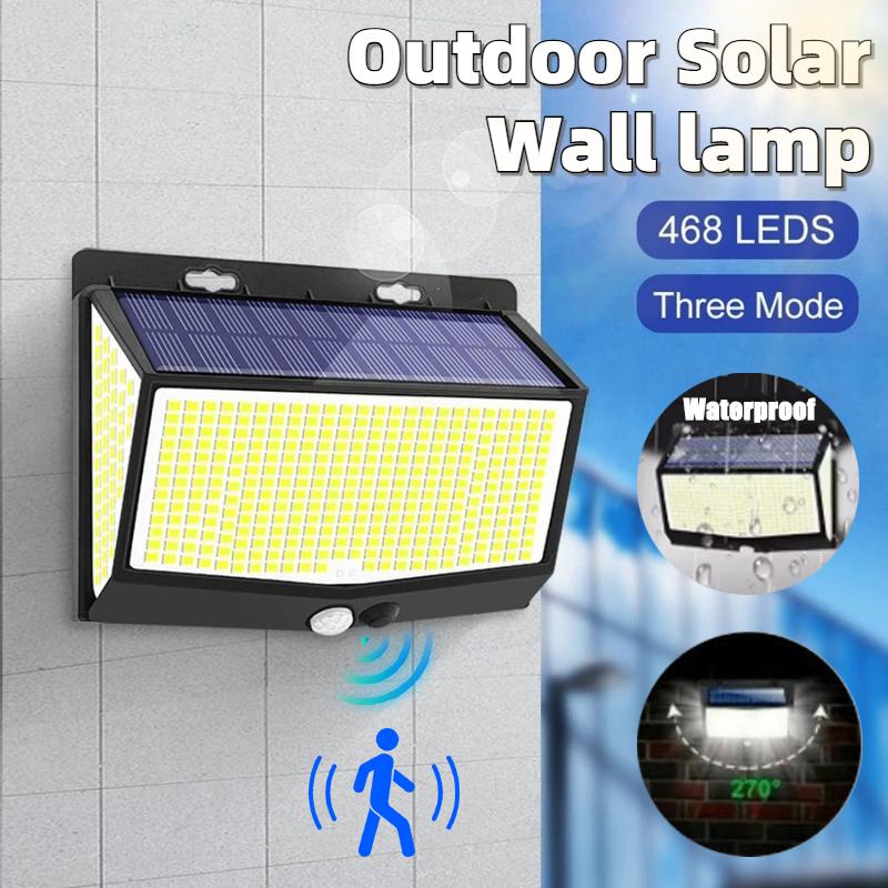Solar Motion Lights Outdoor 468LED 3 Modes Solar Fence Lights Waterproof Solar Security Lights Yard Door Patio Garage Step 180° Lighting Angle