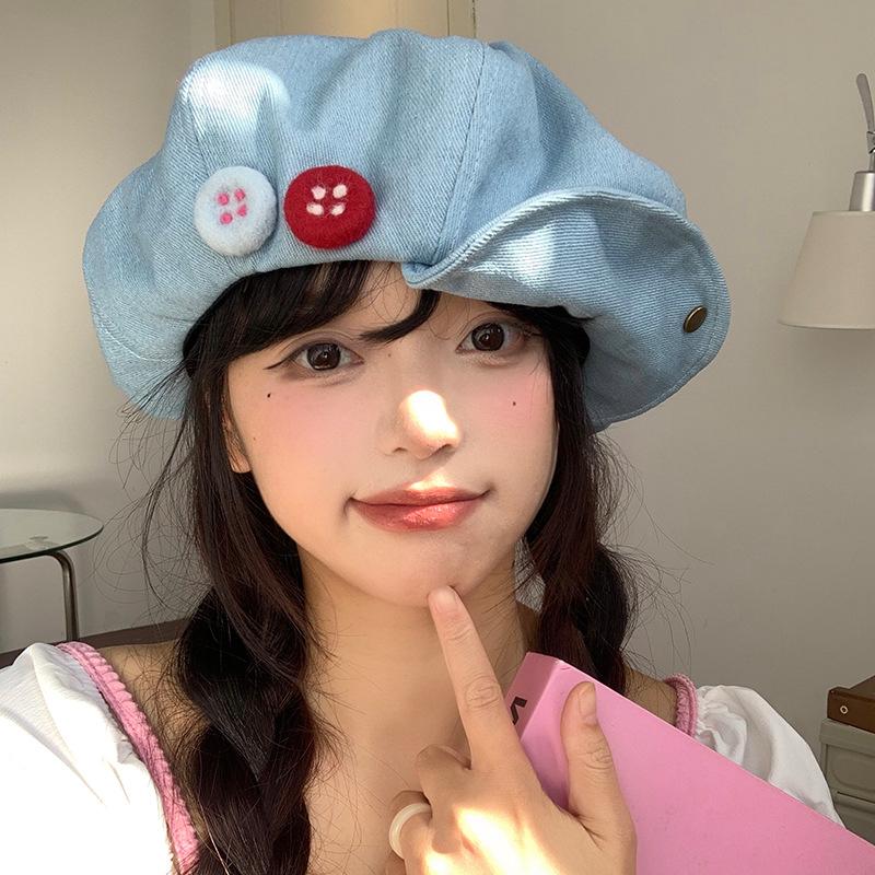 

Blue Denim Versatile Beret Hat For Women Summer Sweet Style With Embroidery Beautiful синій