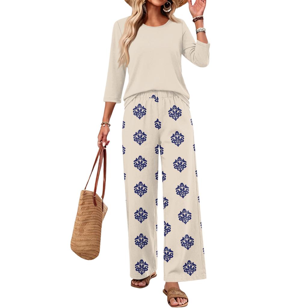 Women's Casual Two Piece Set Round Neck Loose Fit Top with Three Quarter Sleeves and Wide Leg Printed Pants Lounge Wear Set