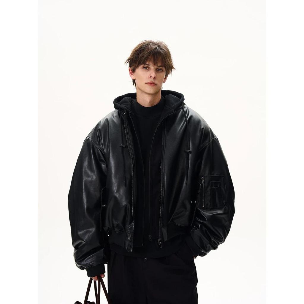 MaxDstr Unisex Tungviktig PU-läder Bomberjacka med Huva