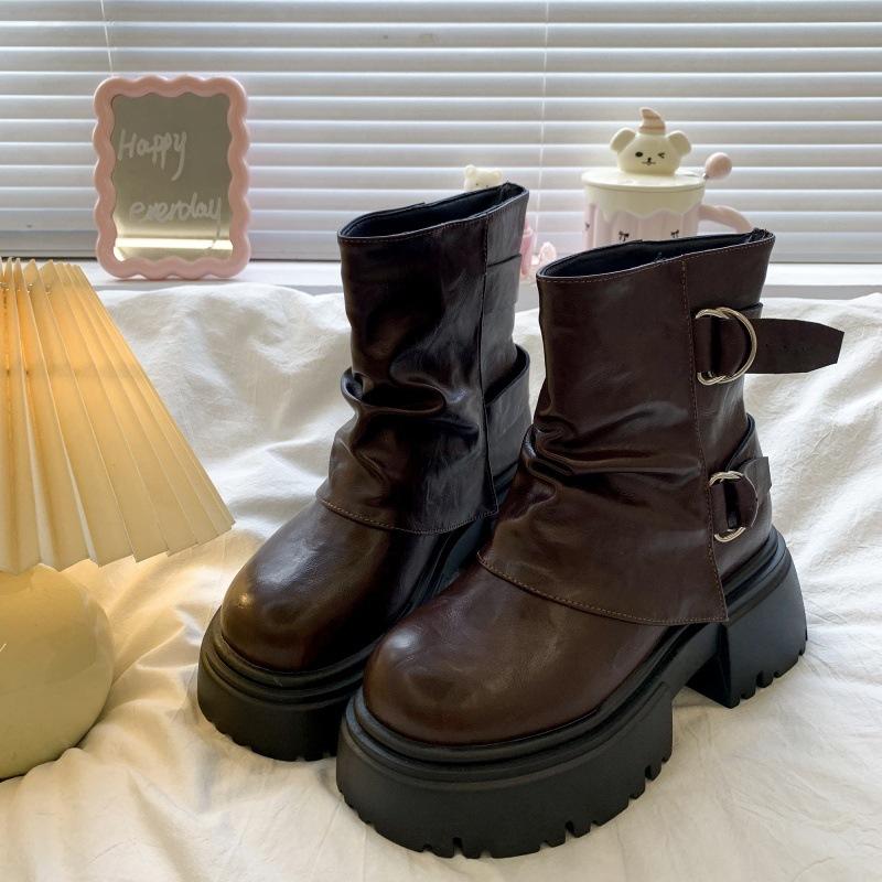 Black Skinny Martin Boots Women's 2025 New Autumn Thick-soled Heightening Small Retro British Short Boots Women