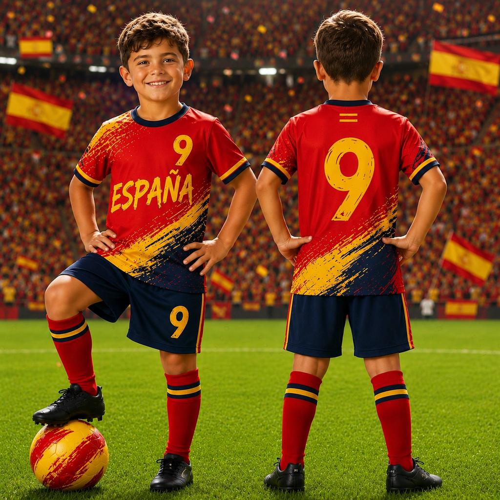 2026 Estate Spagna Maglia da Calcio Giovanile per Ragazzi Ragazze Maglia da Calcio per Sport da Spiaggia T-Shirt Pantaloncini Set Due Pezzi