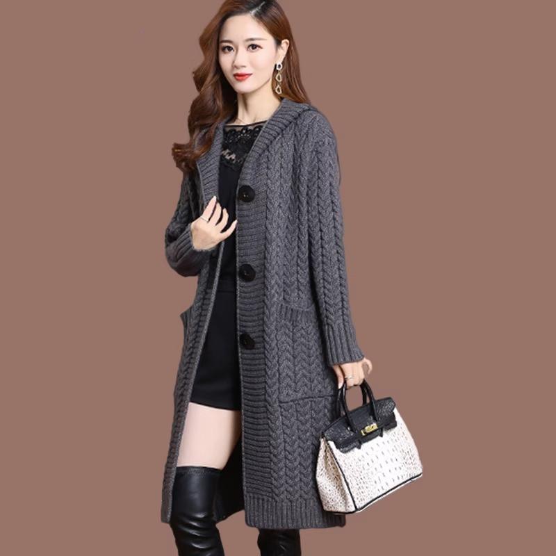 Retro Twisted Knitted Cardigan for Women Large-sized Mid-length Sweater Coat Autumn and Winter Wear Knee-length Hooded Knitted Overcoat