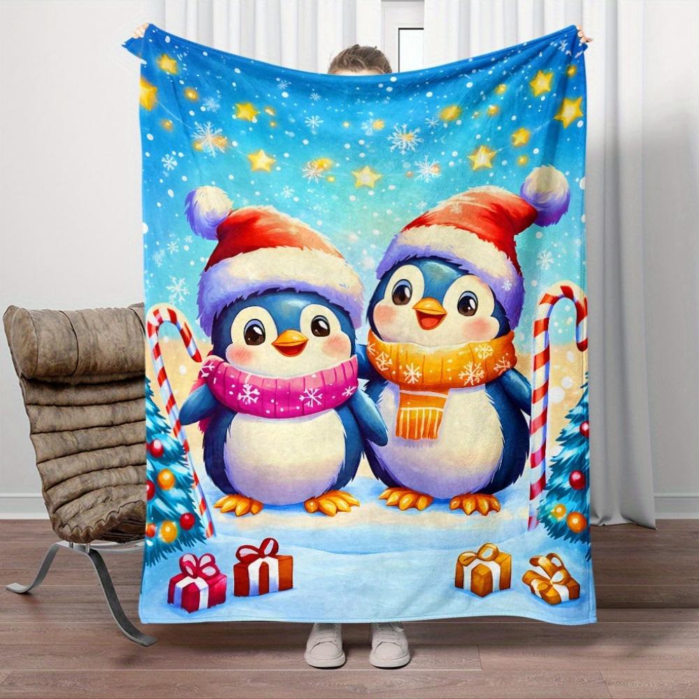 Christmas Penguin Flannel Blanket Festive Holiday Gift Snowflake Stars Candy Cane Winter Cozy Soft Blanket Kids Room Decor