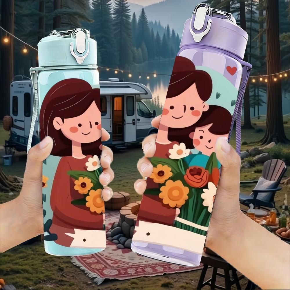 1PC Mom Kid Flower Bouquet Warm Cartoon Print 750ml Color Plastic Sports Water Bottle Leakproof Flip Straw Lid Suitable for Sports Office Home Use