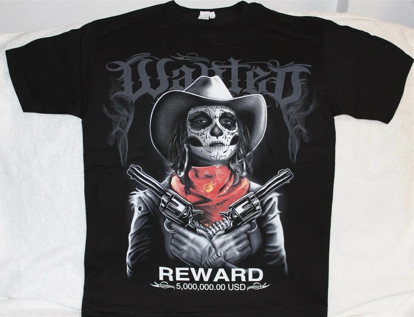 

WANTED GANGSTER WOMAN DAY OF THE DEAD DEATH MASK PISTOL REWARD T-shirt 4XL