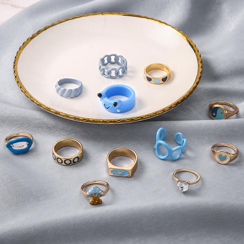 12-Piece Heart & Frog Lips Drip Oil Ring Set with Open Chain Design