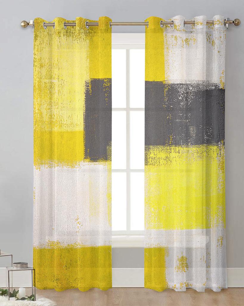 Ölgemälde Stil Abstrakt Geometrisch Gelb Transparente Vorhänge für Wohnzimmerdeko Fenstergardinen Küche Tüll Voile Vorhänge