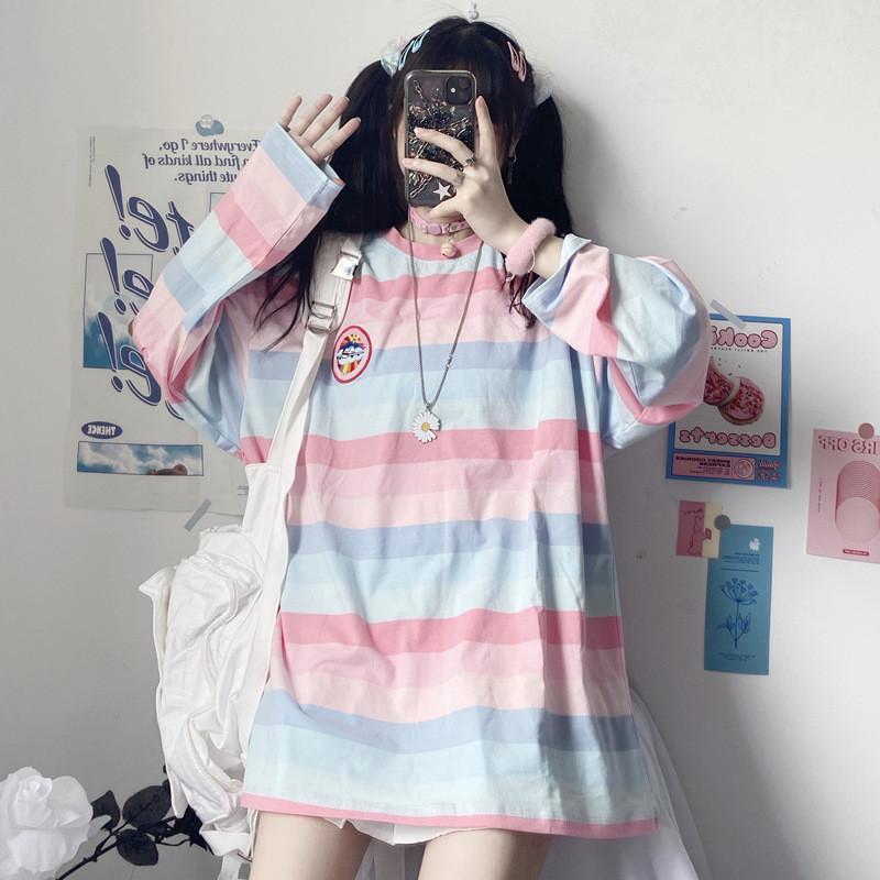 Tshirt For Women Autumn Long Sleeve Striped Knit Casual Top For Office Wear