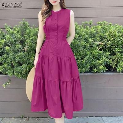 Women Casual Round Neck Solid Color Summer Sleeveless Dress