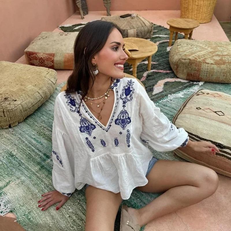 Spring and Autumn Women's Plus Size Shirt Street Fashion Casual Beaded Embroidery Long Sleeve Top