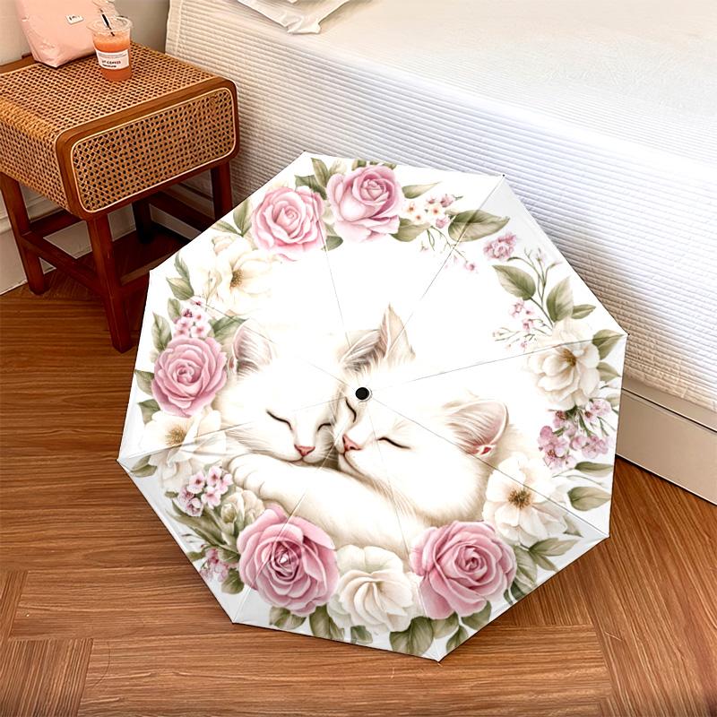 

1 PC Automatic Folding Umbrella - Floral with Kittens Pattern, Portable & Foldable Design with 8 Ribs, Christmas Birthday Gifts