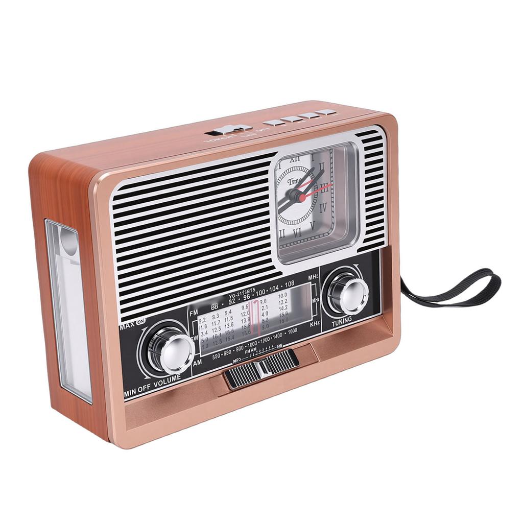Rádio Retro AM FM SW Recarregável por USB Alimentado por Energia Solar Rádio Relógio Vintage com Lanterna Alto-falante Suporte a Pen Drive USB