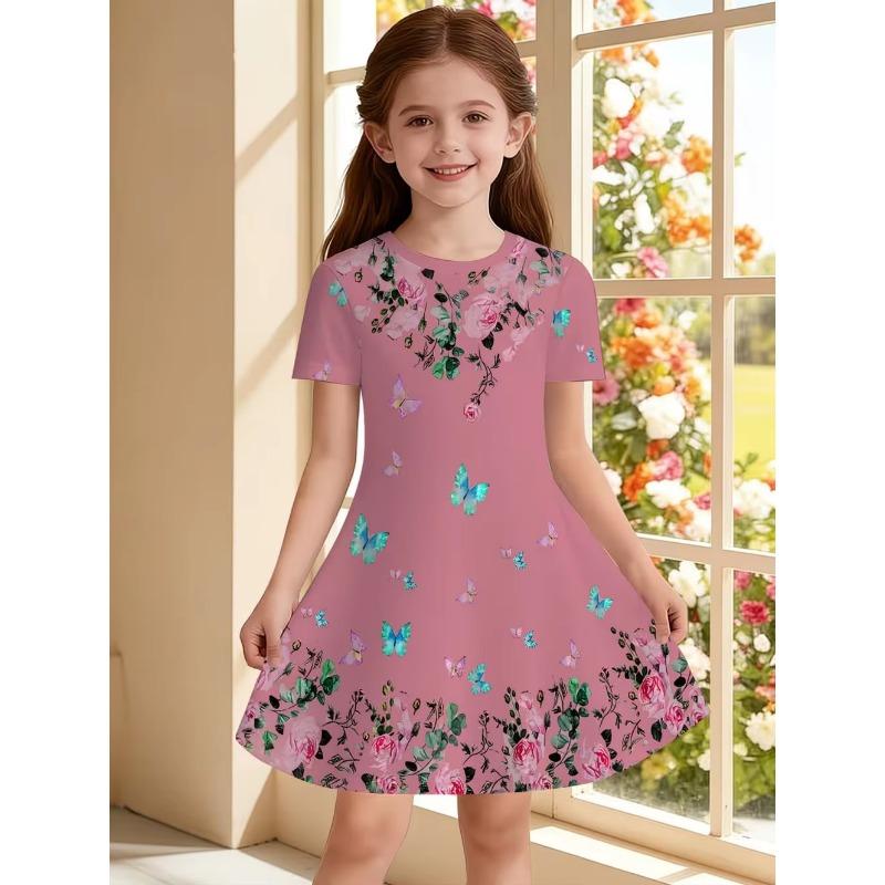 Dress for Girls Beautiful Butterfly Short Sleeve Dress Summer Loose Girls' Casual Dress Round Neck Hot Sale Girl Clothes