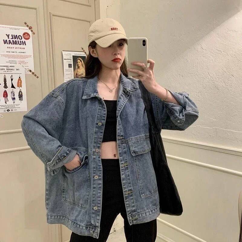 Spring Women Denim Jacket Korean Long Sleeve Loose Jeans Coat Woman Bf Unisex Wild Big Pockets Buttons Outerwear