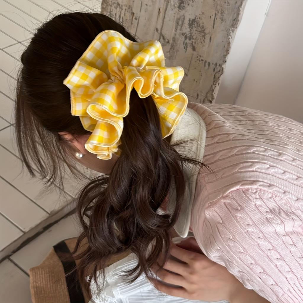 1pc Cute Sweet Yellow Gingham Double-Layer Scrunchie Hair Tie - Large Elastic Hair Accessory for Women, Ponytail Braid Bun Updo, Cute Hair Accessories