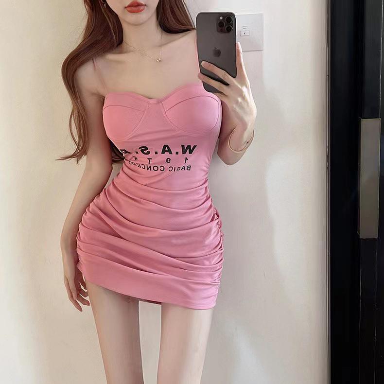 Women's Pink Strapless Bodycon Dress - Small Size, Summer Style, Ruched, Waist-Cinching Sling Design