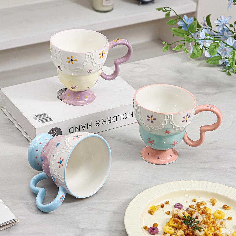 1PC Elegant Romantic Relief Ceramic Cup Mug Office Creative Breakfast Milk Goblet Household Anti-scalding Tableware