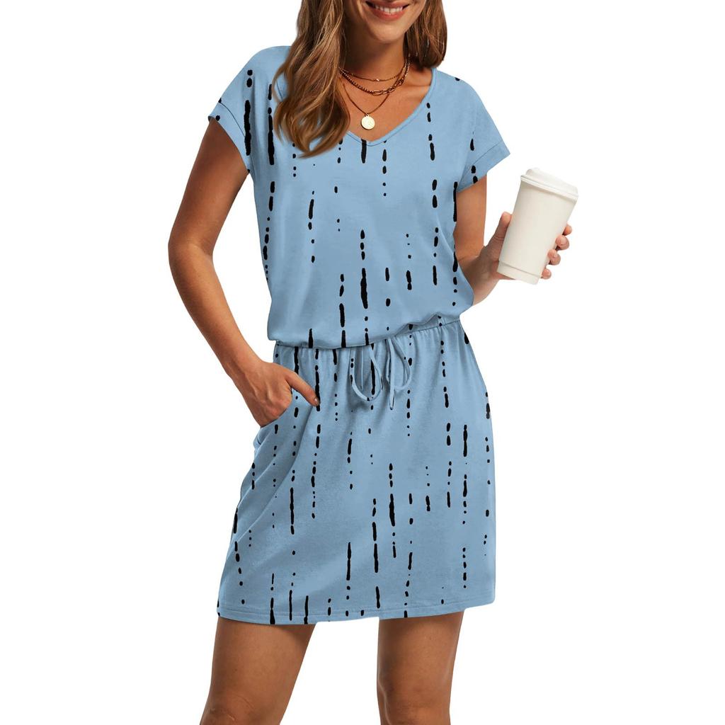 Women's Fashion V-Neck Short Sleeve Drawstring With Pocket Printed Casual Dresses