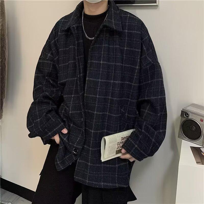 Men's Winter Retro Plaid Wool Jacket - Korean Style Trendy Loose Lapel Shirt Jacket