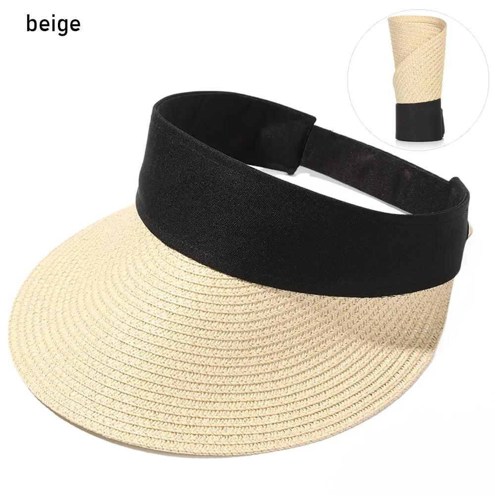 2025 New Summer Casual Roll-up Straw Cap Visor For Women Foldable Portable Beach Hat Outdoor Wide Brim Sun Hat Fashion Accessory