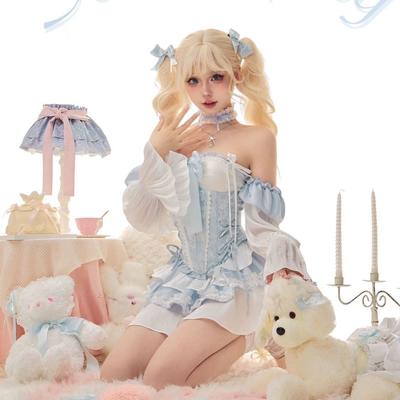 Summer Blue Lolita Clothing Suit Slim Vest Kawaii Y2k Dress Elegant Short Party Dress Japanese Style Fashion