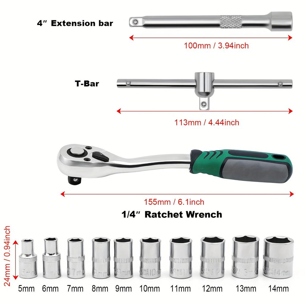 13pcs 1/4 Inch Drive Ratchet Socket Wrench Set, with 5-14mm and 72 Tooth Ratchet Handle and 4''Extension Bar Universal Joint