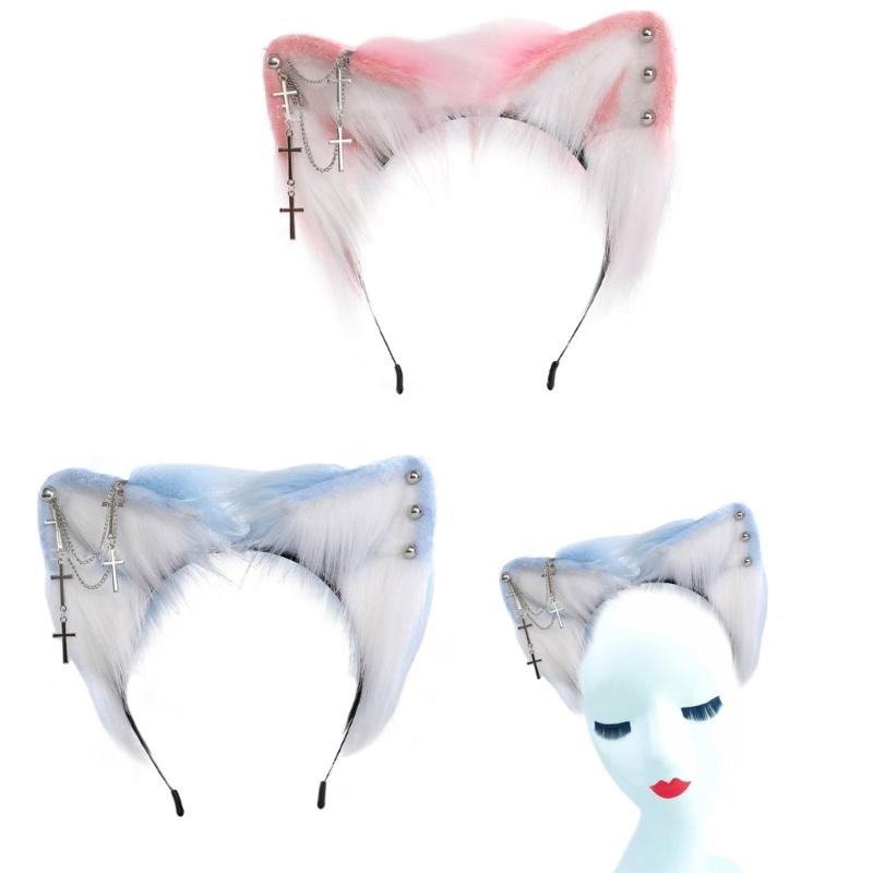 Bandeau Cheveux Oreilles de Chat Artificielles avec Boucle d'Oreille Métallique pour Spectacles d'Halloween