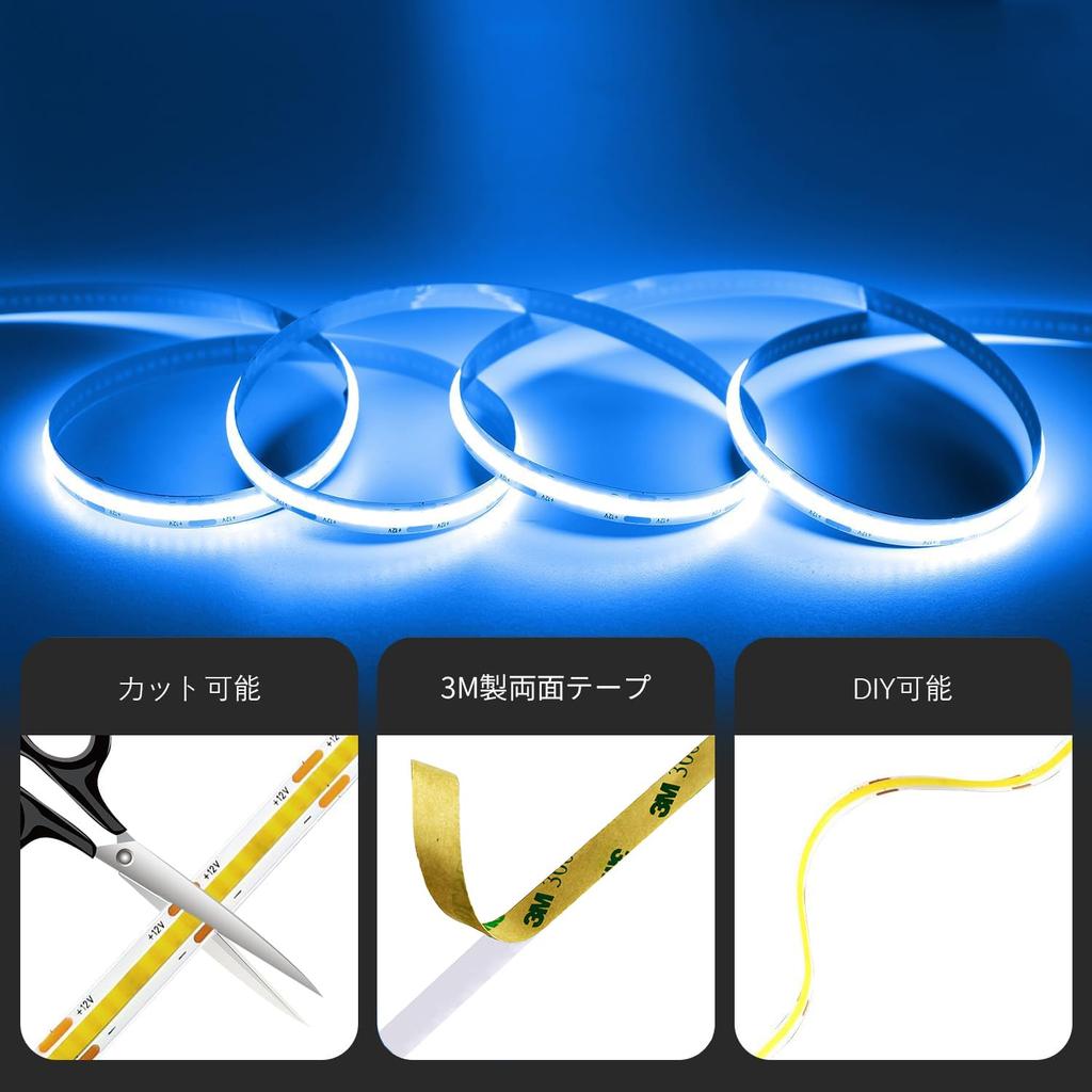 ShineBurky LED Strip Light, COB High Density, USB Powered, 2m, 10-Level Dimming, 320 LEDsm, Cuttable, Blue