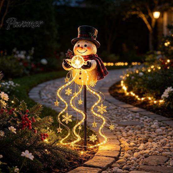 Charming Yard Decoration for Night Solar Snowman Water Fountain Garden Light, Glowing Lamp with Magic Powered Terrace Art Effect, Resin Outdoor Statue