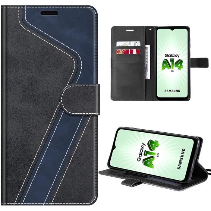 Coque pour Samsung Galaxy A14 5G - MARQUE - Noir - Cuir PU - Support multi-position - Épissé