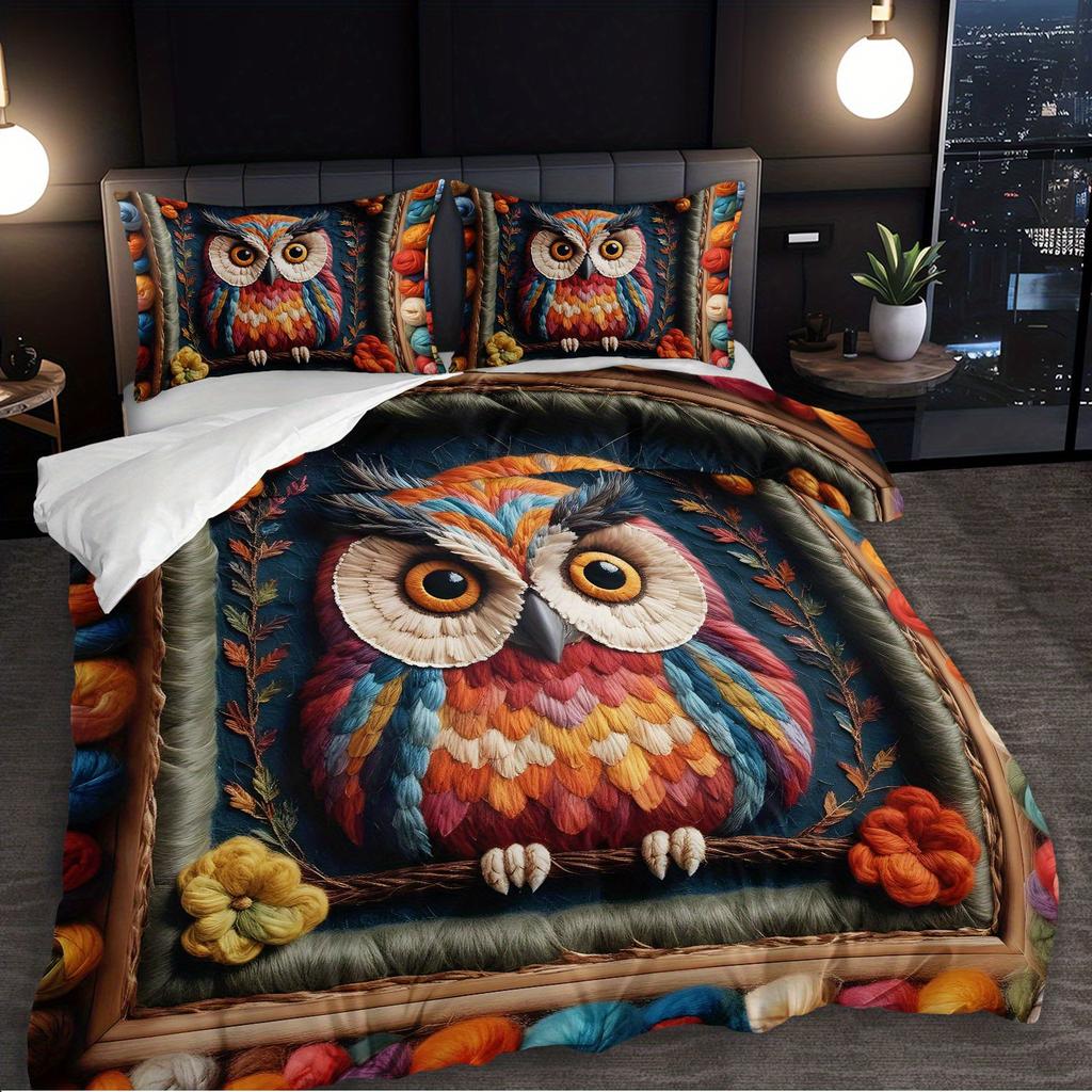 3pcs Bohemian Owl Printed Bedding Duvet Cover Set Owl Themed Bedding Quilt Set Floral Printed Owl Bedroom Decor Bed Quilt Set