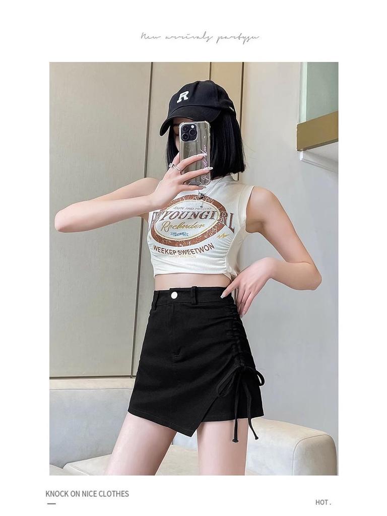 2024 Summer Women's Black Spicy Girl Ruched High Waist Irregular A-line Mini Skirt Pants