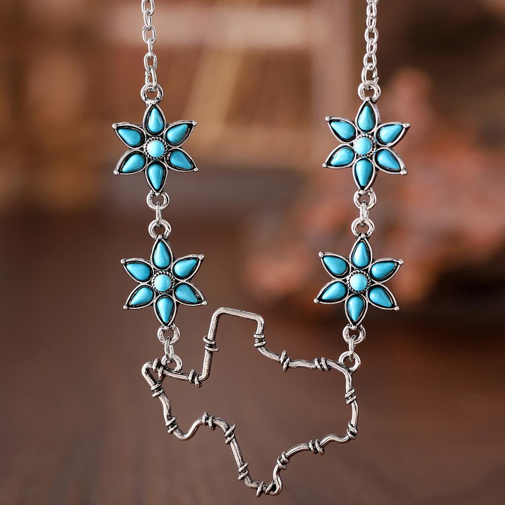 Vintage Hollow Texas Map Pumpkin Flower Turquoise Collar Necklace, Western Style Metal Necklace Gift for Women