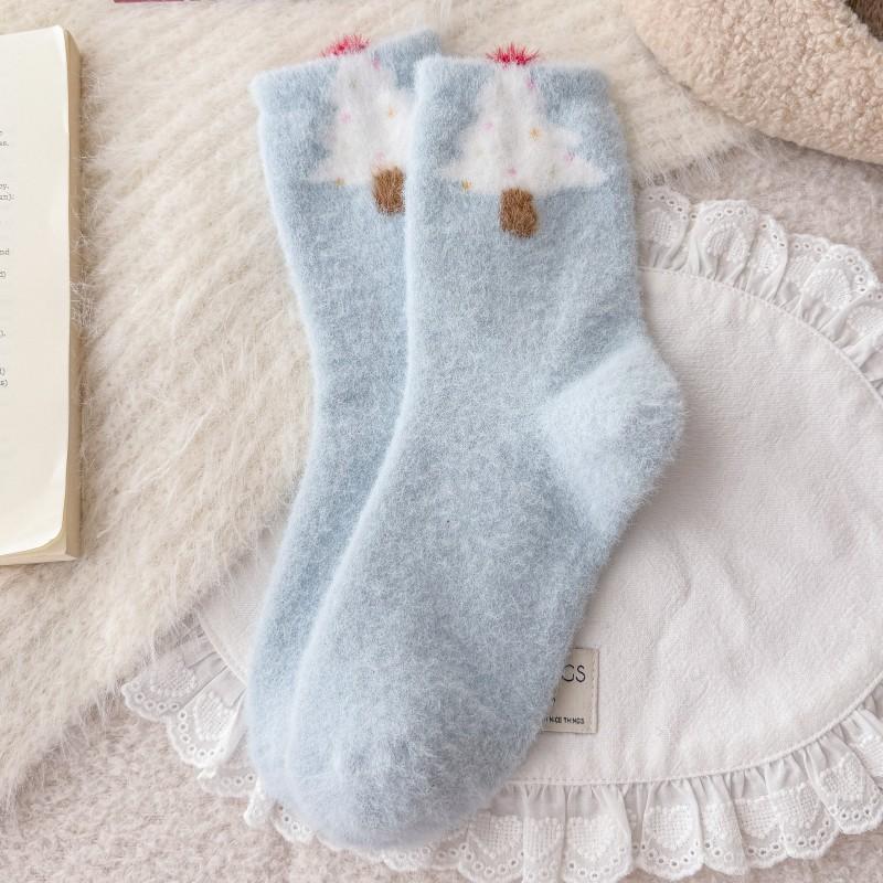 Plush Socks Thickened Warm Tube Socks Blue Home Sleeping Socks Cute Puppy Cartoon Confinement Socks
