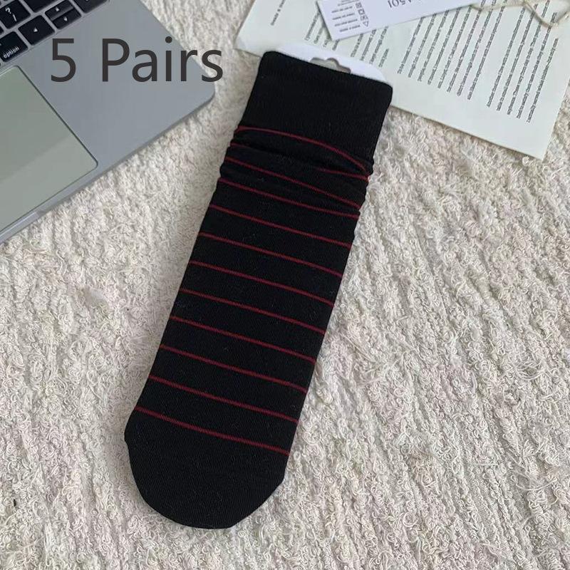 5 Pairs  Autumn and Winter Ankora Red Socks Women Straight Board Boneless Cotton Mid-calf Hundred Stripes Polka Dot Stacked Socks