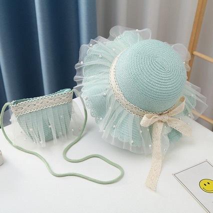 Baby-Mädchen Strohhut 3-6 Jahre Mädchen Sommer Strandhüte mit Schleife Perlen Sonnenschutzhüte für Kinder