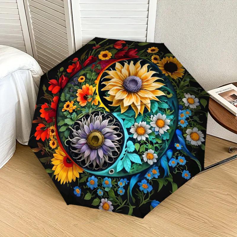 1pc Floral Yin-Yang Harmony Umbrella with Plastic Handle,Suitable for All Seasons Home Travel Outdoor UmbrellaDD1779