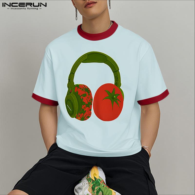 INCERUN Men Round Neck Short Sleeve 3D Print Stitching Casual Loose T-shirts