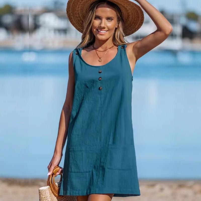 Women's Round Neck Sleeveless Mini Dress Loose Solid Color Button Front Dual Pocket Casual Beach Sundress